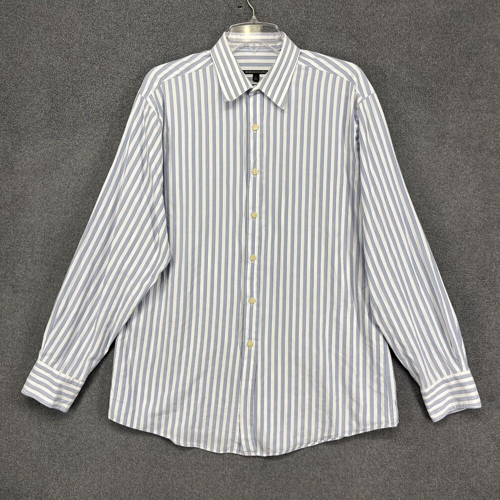 BCBG‎ Max Azria Shirt Mens Large Blue White Striped Slim Fit Cotton Button Up
